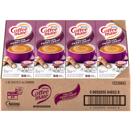 Nestle Coffee-Mate Italian Sweet Creme Flavor Liquid Creamer Singles, .375 Ounce Per Cup - 50 Per Pack - 4 Per Case